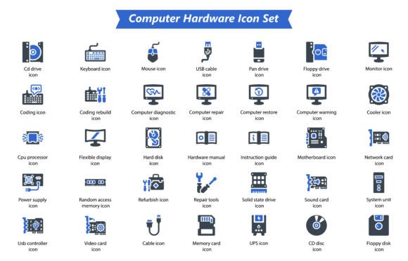 Computer Hardware Icon Set: Essential Design Tool